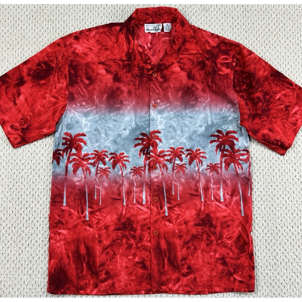 Monticerutti Original Hawaiian Shirt Mens Size M Red Black Wash Aloha Palm Trees